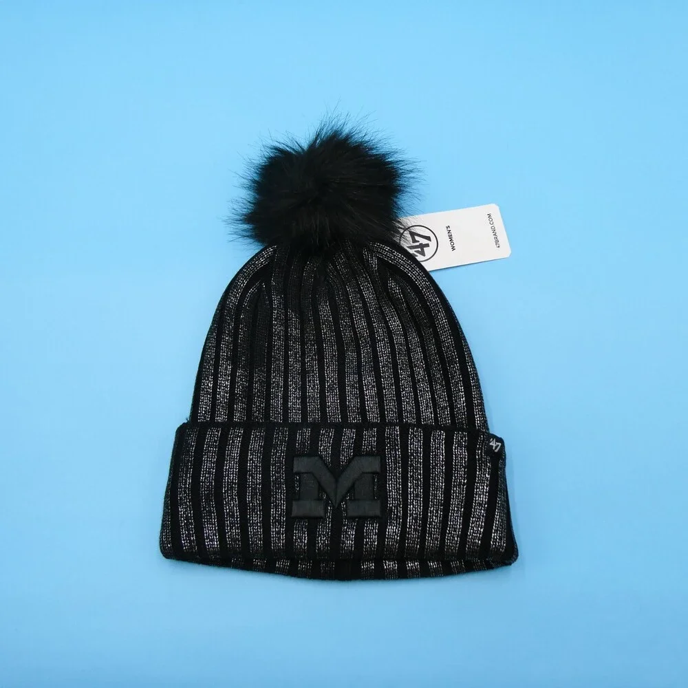'47 Brand Michigan Wolverines Winter Hat Womens Black Silver Knit Beanie Pom New